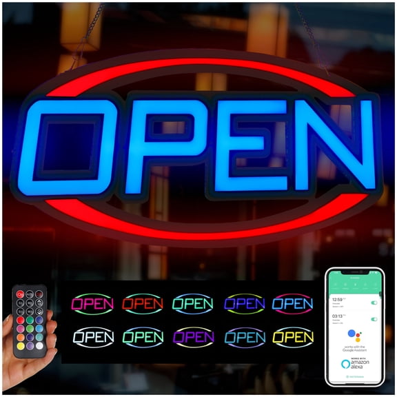 LED Open Sign for Business, Bright Lighted Neon Sign Ultra Bright RGB Hanging Flashing Display for Shop, Restaurant, Bar, Storefront Smart with Timer