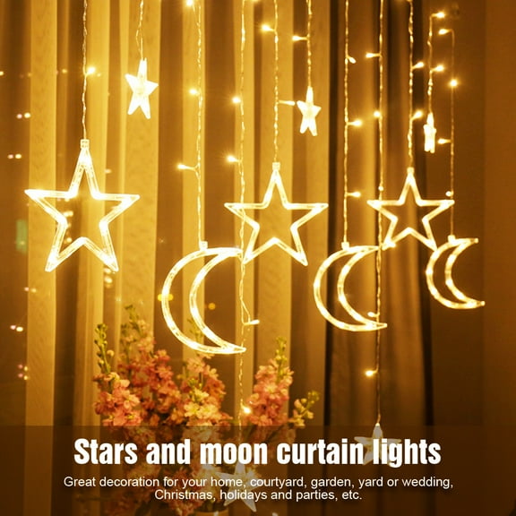 LED Outdoor Lights, Ramadan Decorations Moons Stars Lights 138 LED String Lights Outside Waterproof Patio Lights Decor for Porch Window Backyard Tentwith 8 Flashing Modes, Warm White Lights