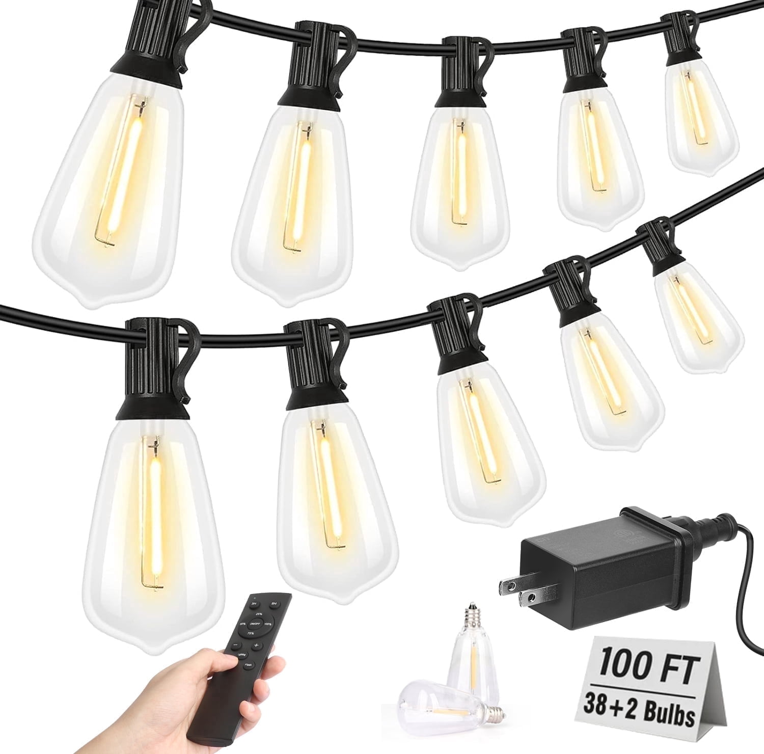 Outdoor String Lights 100FT, Patio Lights With Shatterproof ST38 Bulbs (2 Spare),With Remote Control + Adapter