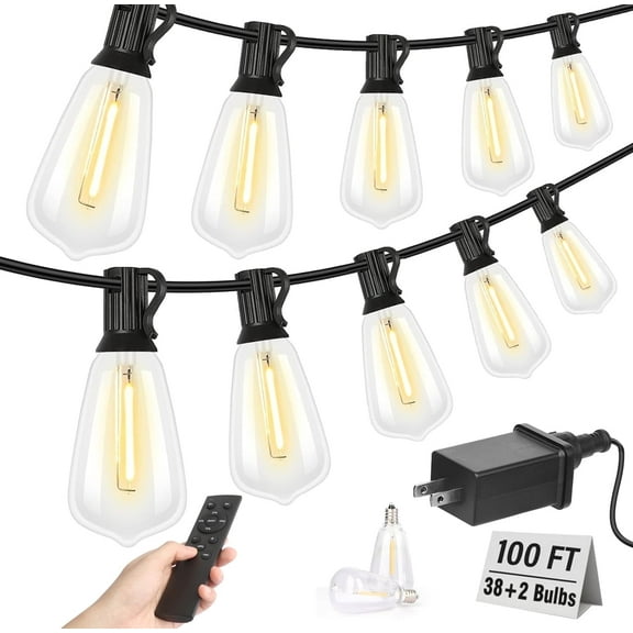 38 Bulbs LED Outdoor String Lights 100FT, Patio Lights With Shatterproof ST38 Bulbs (2 Spare),With Remote Control + Adapter