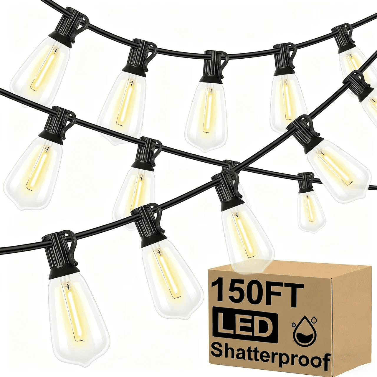 LED Outdoor String Lights 150FT Patio Lights with 75+2 Shatterproof ST38 Vintage Edison Bulbs,Adjustable light, Waterproof for Porch, Patios, Gardens, Parties, Weddings