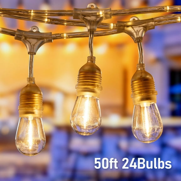 LED Outdoor String Lights, 48ft 24 Bulbs Commercial Connectable Patio String Light, LED Neon Light, IP65 Waterproof, 18AWG Copper Wire, Clear White