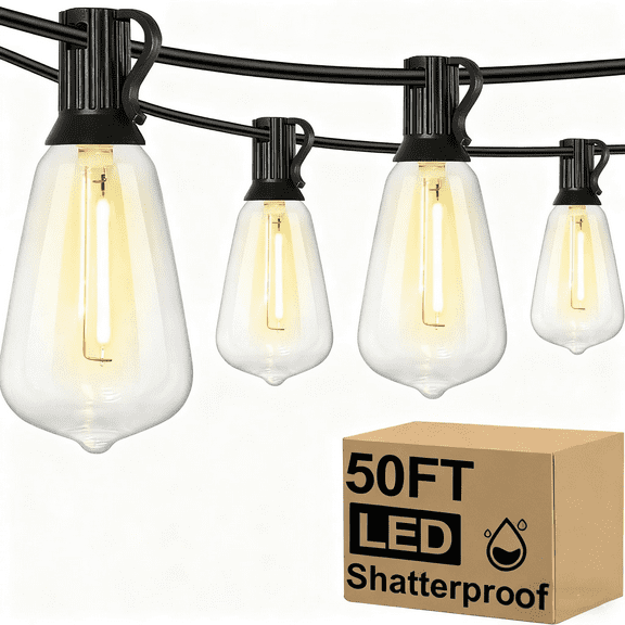 LED Outdoor String Lights 50FT Patio Lights with 27 Shatterproof ST38 Vintage Edison Bulbs, Adjustable light, Waterproof for Porch, Patios, Gardens, Parties, Weddings (50FT-27 Shatterproof)