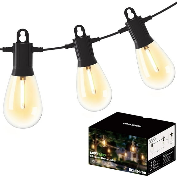 BeatiNeon Outdoor String Lights, 50 Feet S14 LED Patio Lights with 16 Edison Plastic Bulbs(1 Spare), Waterproof Connectable Hanging Lights for Backyard Porch Balcony Party Decor,E26 Socket Base