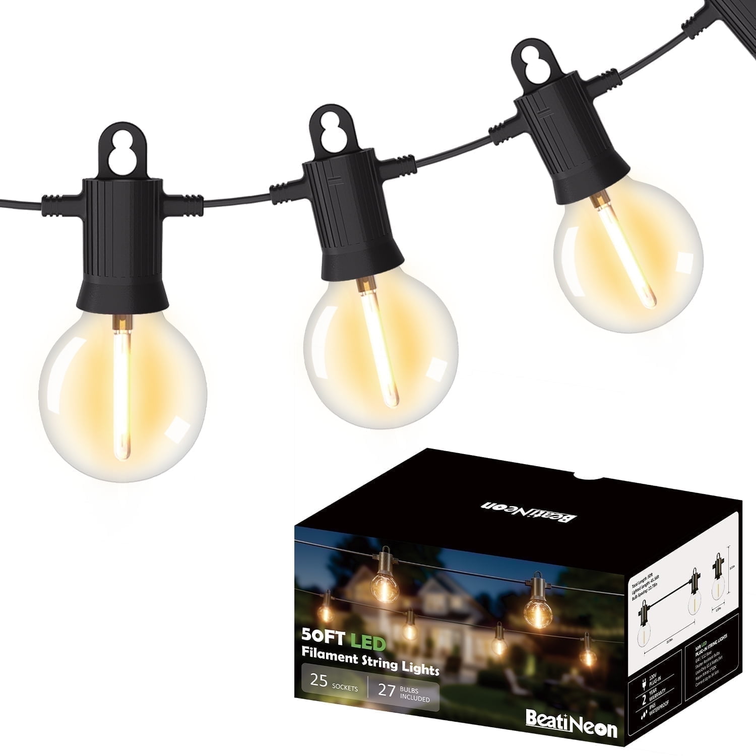 105Ft Upgraded LED Outdoor String Lights - 30 Shatterproof ST38 Vintage Edison Bulbs, Warm White, Waterproof, Connectable For Patio, Garden, Wedding