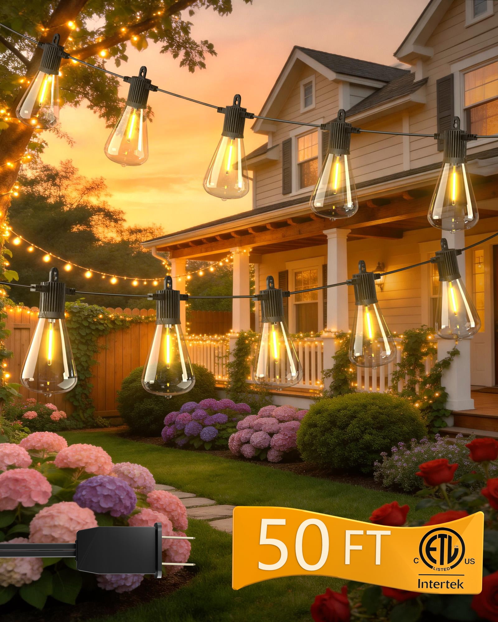 BeatiNeon 50ft ST38 Outdoor String Lights, 25 Bulb Shatterproof Patio Lights with IP65 Waterproof, Connectable Up to 34 Sets, 2700K Warm White for Porch, Yard, ETL Listed