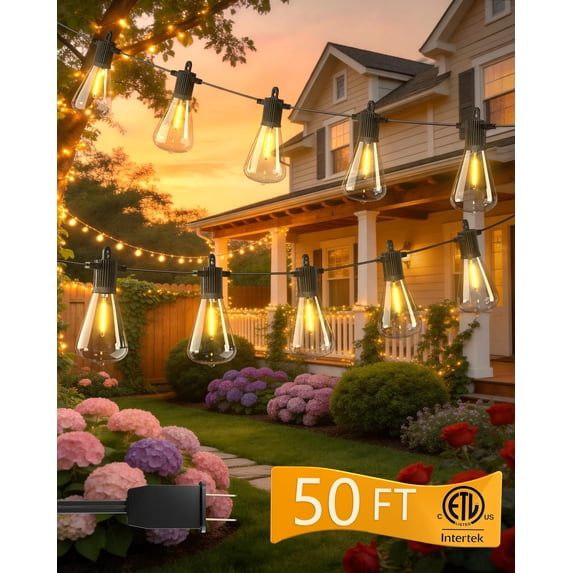 BeatiNeon 50ft ST38 Outdoor String Lights, 25 Bulb Shatterproof Patio Lights with IP65 Waterproof, Connectable Up to 34 Sets, 2700K Warm White for Porch, Yard, ETL Listed