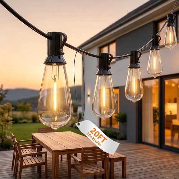 LED Outdoor String Lights for Patio 20Ft, Waterproof Patio String Lights with 22 ST40 LED Edison Bulbs for Deck, Garden, Backyard,House, Vintage String Lights Fit E17 Base, 2700K Dimmable