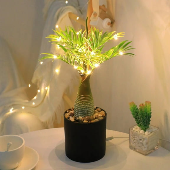 LED Palm Tree Lamp with USB Power, Tropical Decor for Office Desk, Bar, Party - Green ABS Material, 19x10x9cm Warm Romantic Lighting