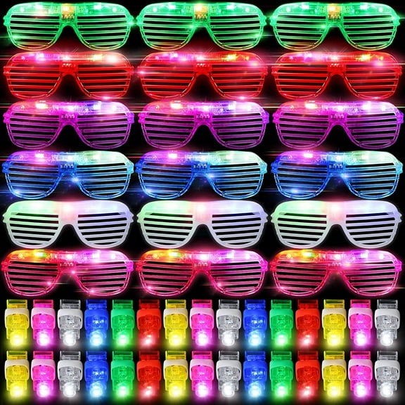 LED Party Glasses & Finger Lights Kit - 6 Pack Flashing Glasses + 60 Glow Lights | Party Favors, Rave, Halloween, Neon Light Up Accessories