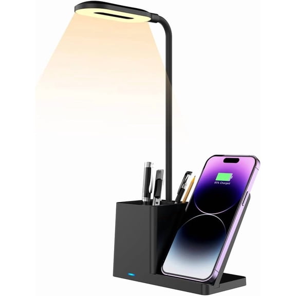 LED Pencil Holder and Table Lamp with Wireless Charger,Table Top Organizer, 3 Color Modes Dimmable Touch Flexible Arm Table Light for Home Office Reading Bedroom Study (Black)