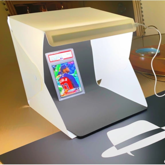 LED Photo Box Sports Cards Pro Edition 8in x 8in with USB Cable, Travel Bag and 2 Backgrounds