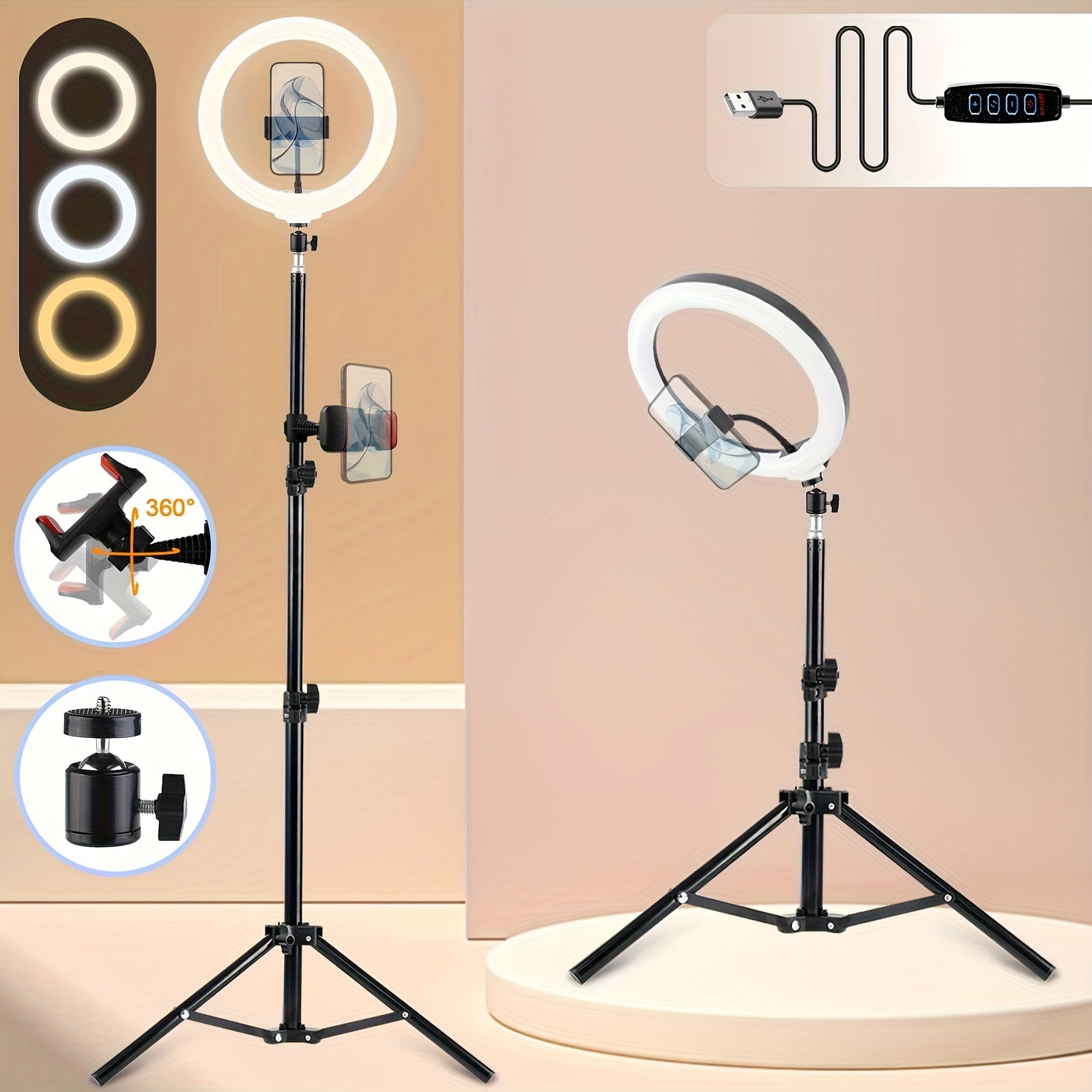 LED Photo Ring Light with 43-Inch Adjustable Stand Phone Holder, USB Powered Studio Lighting for Photography, Video Recording, and Streaming - Portable Circle Fill Light for Outdoor Use