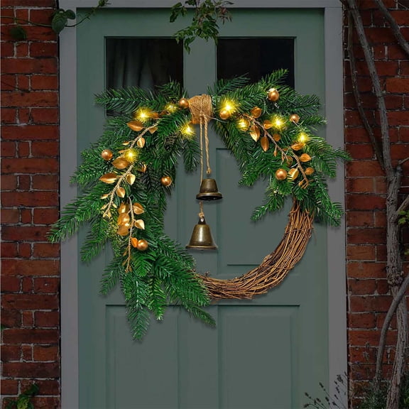 LED Pinecone Wreath with Bells, Pre-Lit Christmas Door Hanging with Vine and Berries, 14 Inch Outdoor Indoor Battery Operated Wreath for Front Door, Festive Holiday Decor with Warm White Lights