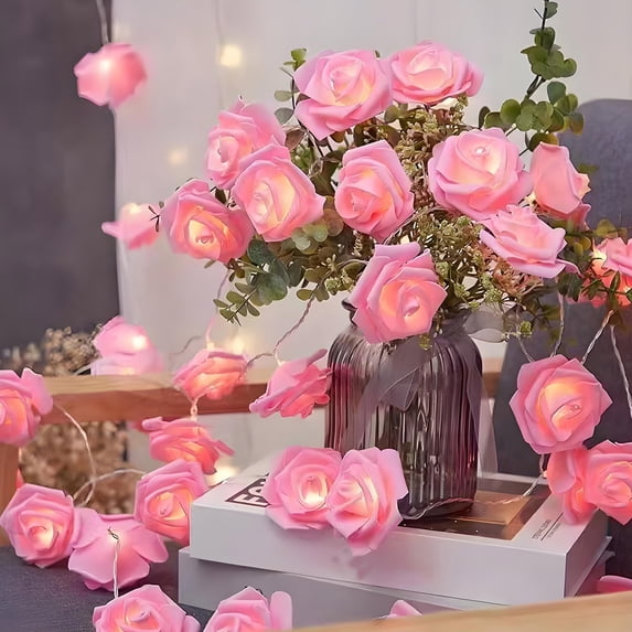 LED Pink Rose Flower String Lights Battery/USB Operated for Wedding Home Party Birthday Festival Indoor Outdoor Decorations Large Rose Flower