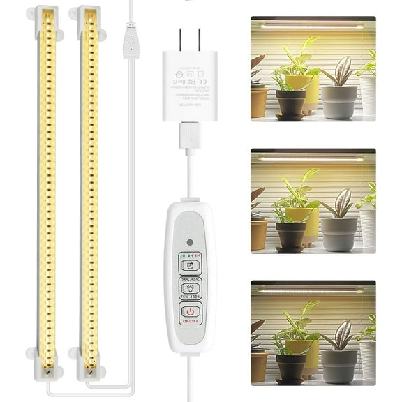 LED Plant Grow Light Strips Full Spectrum for Indoor Plants with Auto ON/Off Timer, 48 LEDs / 4 Dimmable Levels, Sunlike Grow Lamp for Hydroponics Succulent, 2 Pack