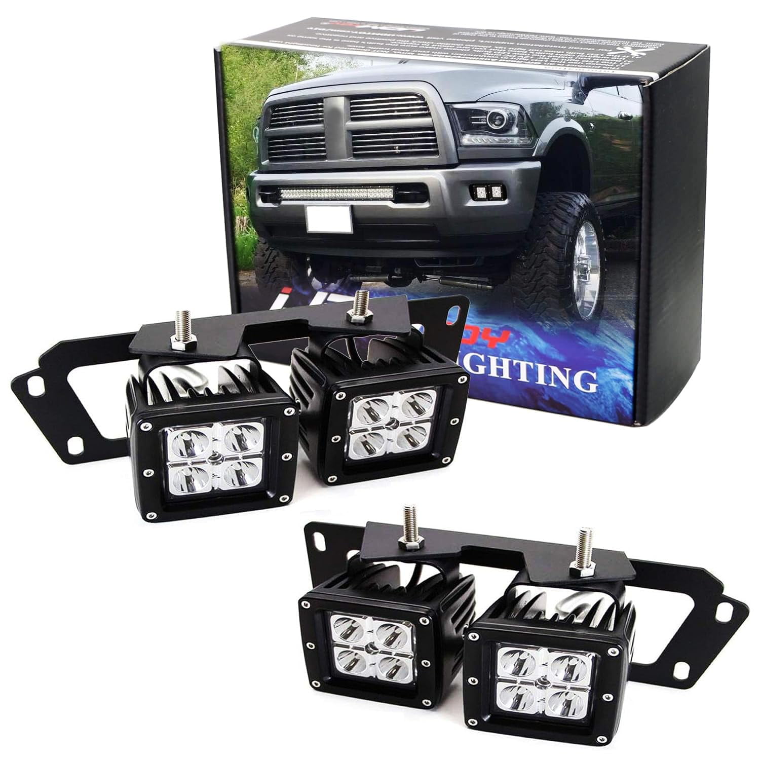 LED Pod Light Fog Lamp For Dodge 2009-12 RAM 1500 & 10-19 RAM 2500 3500,  Includes (4) 20W High Power LED Cubes, Foglight Location Mounting Brackets  & Wiring/Adapter Harnesses