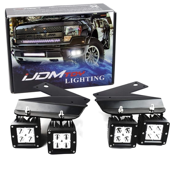 LED Pod Light Fog Lamp Kit For 2010-14 Ford SVT Raptor, Includes (4) 20W High Power Xenon White LED Cubes, Foglight Location Mounting Brackets & On/Off Switch Wiring Kit