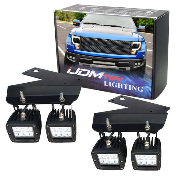 LED Pod Light Fog Lamp Kit For 2010-2014 Ford Raptor SVT, Includes (4) 24W High Power 2x3 CRE LED Cubes, Lower Bumper Opening Location Mounting Brackets & On/Off Switch Wiring