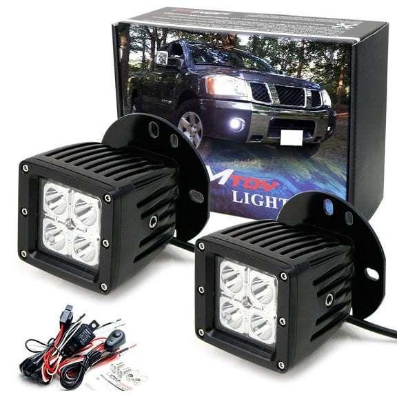 LED Pod Light Fog Lamp For Nissan 2004-2014 Titan, 2005-2007 Armada, Includes 20W High Power LED Cubes, Foglight Location Mounting Brackets & Wiring/Adapter Harnesses