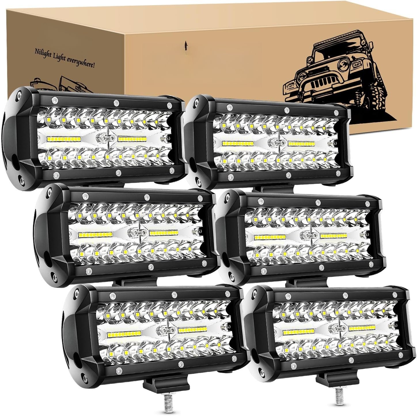 LED Pods 6 count 6.5 Inch 120W Light Bar Triple Rows Spot Flood Combo ...