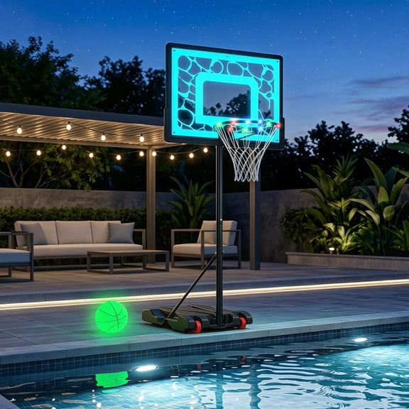 LED Pool Basketball Hoop, Adjustable Height 5.4-6.3 FT with Shatterproof Backboard and Weighted Base for Poolside Driveway Night Training