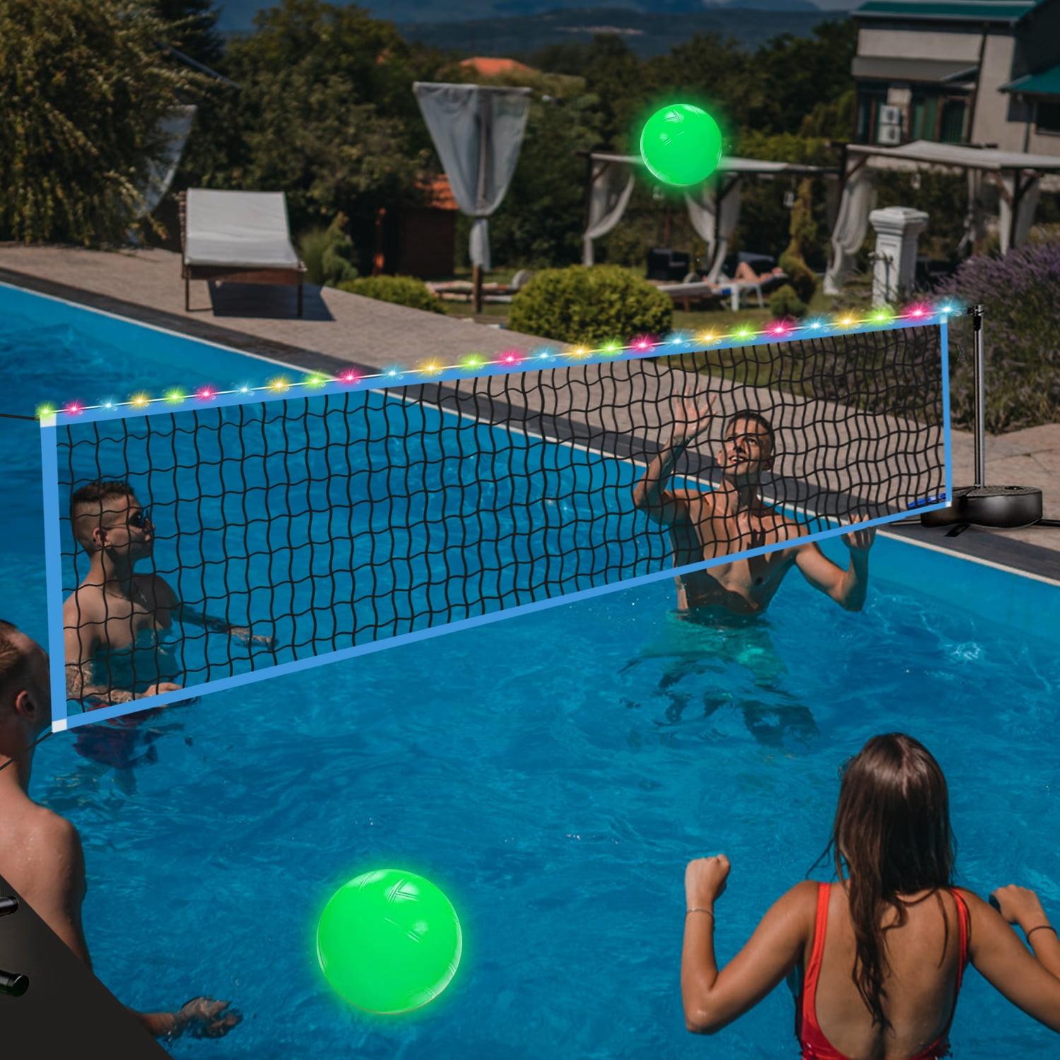 Pool Volleyball Net Set with Lights, 15ft-32ft Adjustable Outdoor LED Volleyball Net for Inground Pools with 2 Glowing Balls for Pool Entertainment