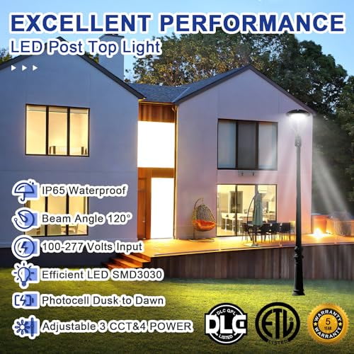 LED Post Top Light with Dusk to Dawn Photocell, 80W/100W/120W/150W Wattage Selectable, 3000K/4000K/5000K CCT Tunable, LED Post Top Outdoor Circular Area Pole Light for Pathway, IP6