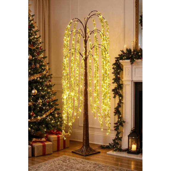 LED Pre-Lit Weeping Willow Tree Floor Lamp, 47.24" Warm White Lighted Willow Tree with Hanging Leaves, Glowing Floor Standing Holiday Decor for Living Room, Bedroom & Christmas