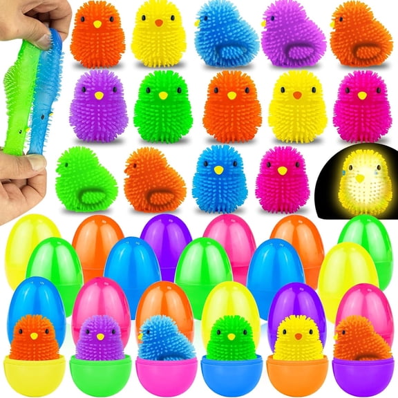 LED Prefilled Easter Eggs with Chick Light Up Puffer Balls, 24-Pack Sensory Fidget Toys for Stress Relief, Easter Basket Stuffers and Egg Hunt Party Favors