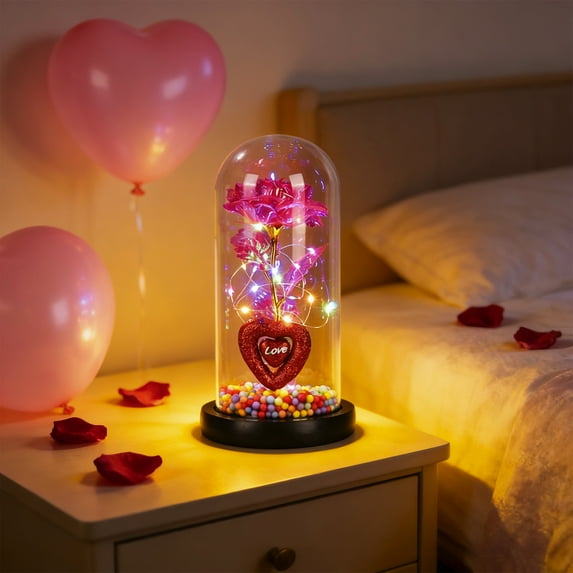 LED Preserved Rose in Glass Dome with Heart Base & Lights, Eternal Flower Gift for Women, Valentine's Day Christmas Birthday Anniversary Romantic Home Office Decor