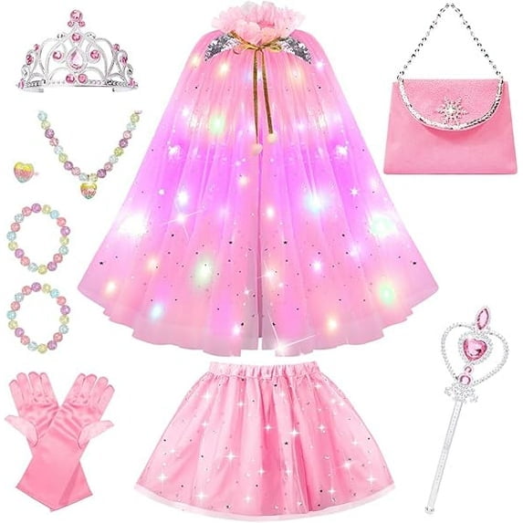 LED Princess Dress Up kids Costume Props Halloween Christmas,11Pcs Fairy Princess for Toddler Girls Costume Sets Cape Wand Headband Tutu Skirt Jewelry New Year Gifts for Girls 3 4 5 6 7 8 Year Old