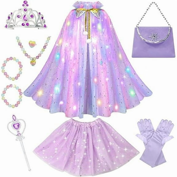 LED Princess Dress Up kids Costume Props Halloween Christmas,11Pcs Fairy Princess for Toddler Girls Costume Sets Cape Wand Headband Tutu Skirt Jewelry New Year Gifts for Girls 3 4 5 6 7 8 Year Old