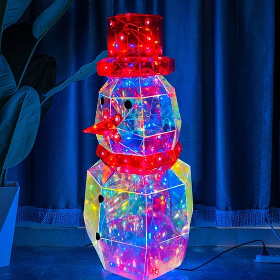LED Prismatic Iridescent Snowman Ornaments USB Powered 3D Light Up Snowman Colorful Christmas Night Light for Home Party