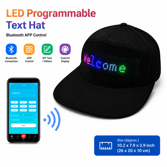 LED Programmable Text Hat, Bluetooth APP Control Light-Up Cap, Customizable Message Display Baseball Hat, Interactive LED Screen Hat for Party, Festival, Gaming, Dance, Outdoor, Fun Gift
