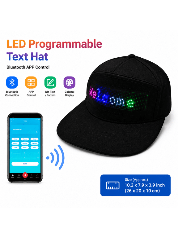 LED Programmable Text Hat, Bluetooth APP Control Light-Up Cap, Customizable Message Display Baseball Hat, Interactive LED Screen Hat for Party, Festival, Gaming, Dance, Outdoor, Fun Gift