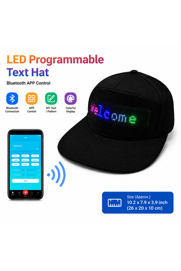 LED Programmable Text Hat, Bluetooth APP Control Light-Up Cap, Customizable Message Display Baseball Hat, Interactive LED Screen Hat for Party, Festival, Gaming, Dance, Outdoor, Fun Gift
