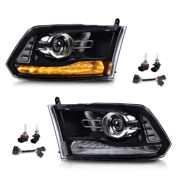 LED Projector Headlights Assembly fit for Dodge Ram 1500 2500 3500 2009-2012,Left & Right Pair Headlight Clear Lens Black Housing Clear Reflector,Front Headlamp Bar Plank Style