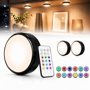 LED Puck Lights 3 Pack, Dimmable 12 Color Changing Battery Lights with Remote & Timer, Wireless Stick-On Under Cabinet Lighting for Kitchen, Closet, Cabinet, Stairs, Black