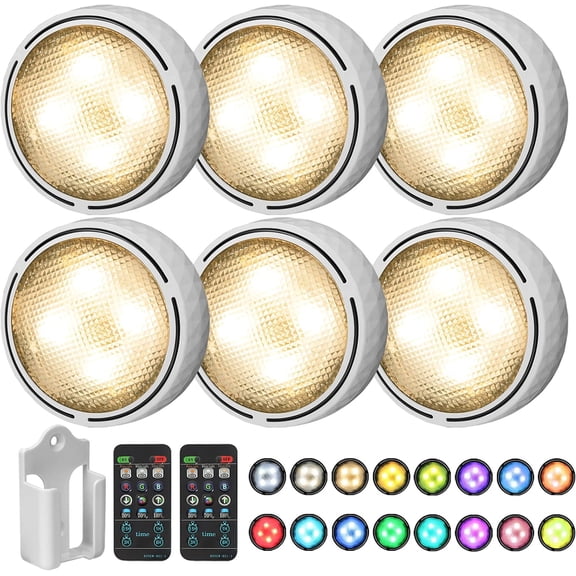 LED Puck Lights Battery Operated LED Under Cabinet Lighting Wireless Stick on Tap Lights with Remote Controll Color Changing Timer Function for Cabinets, Shelves, Closets - 6Pack White