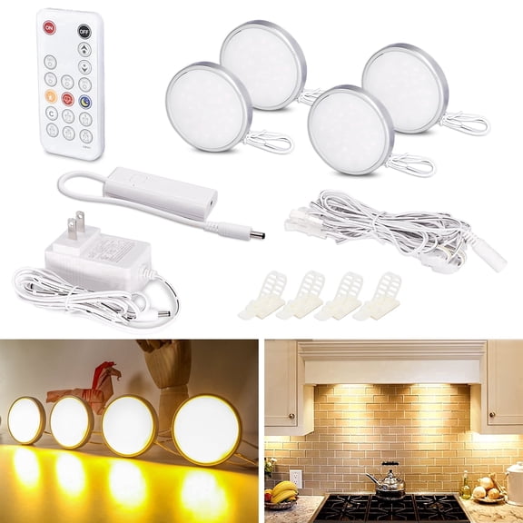 Dimmable LED Puck Lights 4 Pack with Remote, 700lm Under Cabinet Lighting, 2700K Warm White, Timer