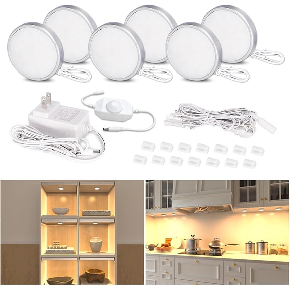 LED Puck Lights Plug in, Under Cabinet Lighting with Switch, Dimmable Under Counter Lighting for Shelf, Closet, Cupboard, Bookcase, Display, Super Bright, 2700K Warm White, 6 Pack