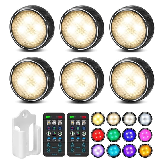 LED Puck Lights with Remote, 6 Pack Battery Operated Wireless Under Cabinet Lighting, Dimmable Closet Lights, Color Changing Stick On Lights for Kitchen Counter, Bedroom, Hallway