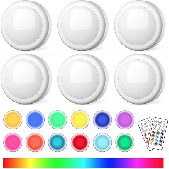 LED Puck Lights with Remote, AA Battery Powered Operated, 6 Pack | 13 Color RGB with Dimmer, Timer, Wireless Push Touch Night Light, 3M Stick On, For Closet Under Cabinet