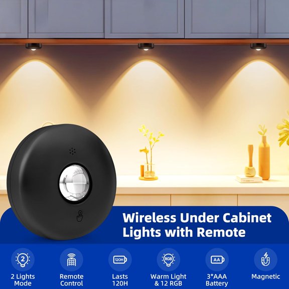 LED Puck Lights with Remote Control, 13 Colors Battery Operated Tap Lights, Dimmer& Timer Magnetic Under Cabinet Light, Wireless Stick on Light for Closet, Bedroom, Kitchen Black 6Pcs
