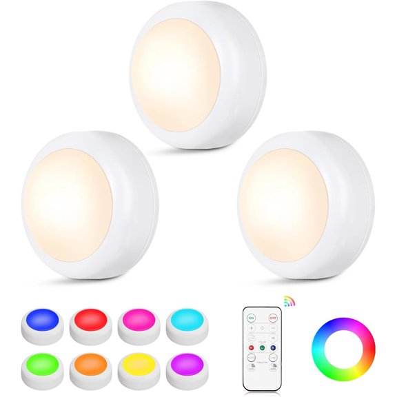 LED Puck Lights with Remote Control, 16 Color Changing Under Cabinet Lighting Dimmer & Timer, AAA Battery Operated,Under for Closet Bedroom Kitchen, Stair (3 Pack White)