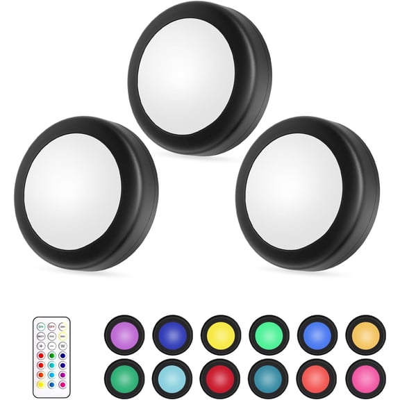 LED Puck Lights with Remote Control, AA Battery Operated, 12 Color Closet Under Cabinet Lighting, Push Tap Light, Under Counter for Kitchen, 3 Pack, Black-Magnetic