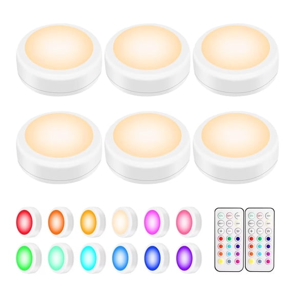 LED Puck Lights with Remote Control, RGB 13 Color Changing Under Cabinet Lighting Wireless, AA Battery Operated Night Light, Push Stick on Lights for Closet, Kitchen, Wall, Dimmer & Timer