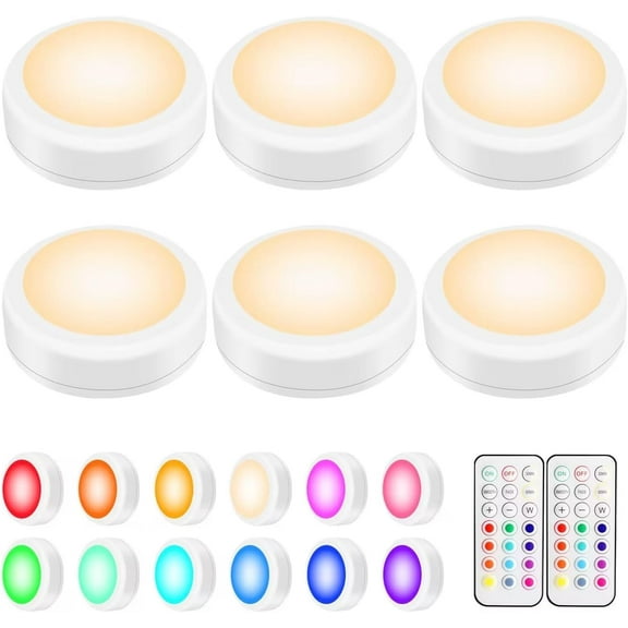 LED Puck Lights with Remote Control, Wireless Under Cabinet & Closet Lighting, RGB 13 Color Changing Lights with Dimmer, Timer & AA Battery Operated, Push, Touch, Stick on for Night, Wall, 6 Pack