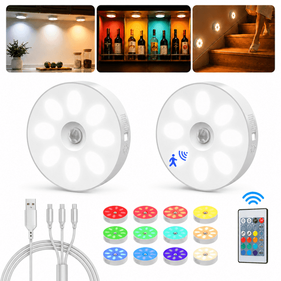 Led Puck Lights with Remote, 1000mAh Rechargeable Under Cabinet Lights with Motion Sensor, 3 Color Temps & 12 RGB Colors, Dimmable Magnetic Stick-On Lights for Kitchen Closet Stairs, 2-Pack